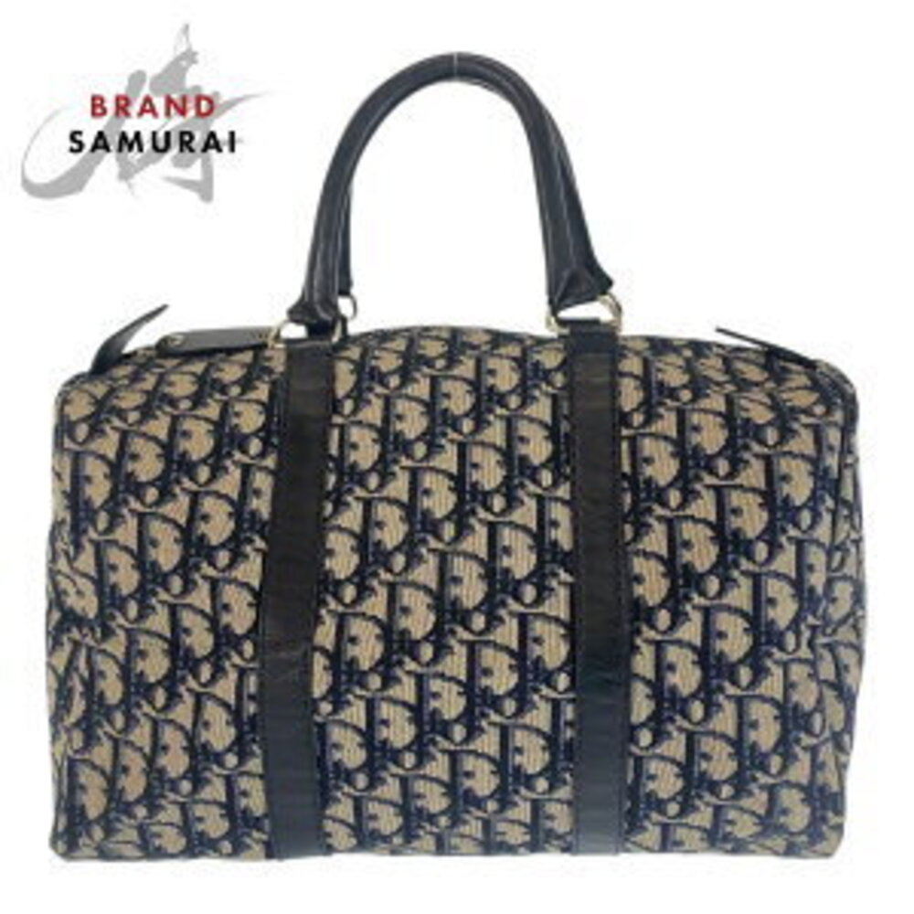 Christian Dior Trotter Bag Navy Blue Canvas Leather Handbag Boston